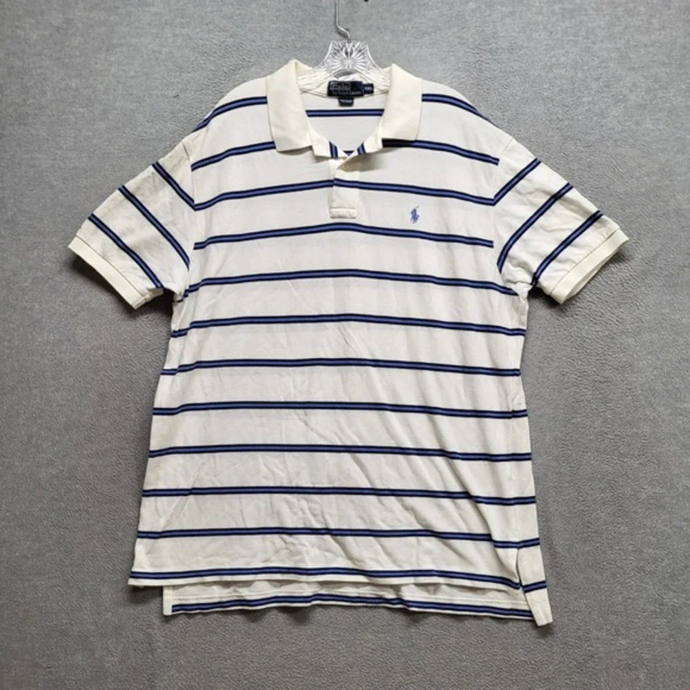 VINTAGE Polo Ralph Lauren Men Polo Shirt 2XL White Striped Rugby Classic‎ Logo